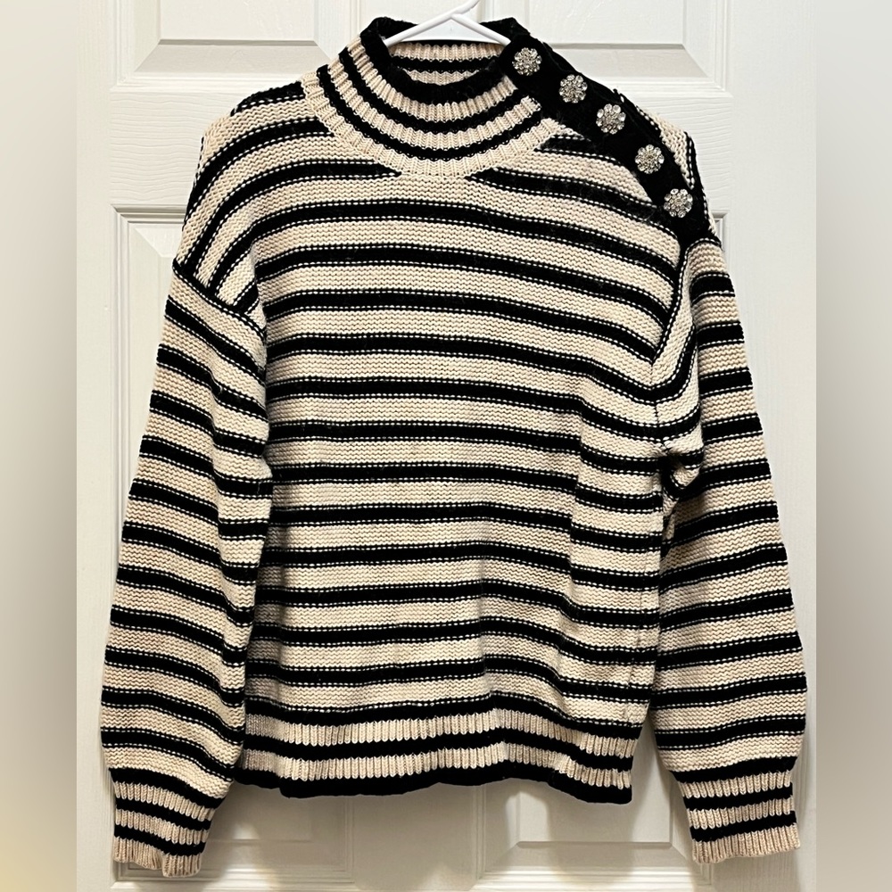 JCrew Jeweled Mock Neck Striped Sweater Size Large